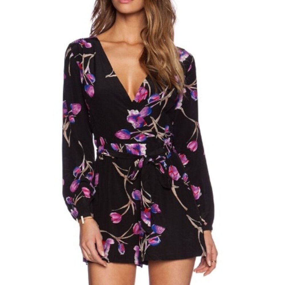 Yumi Kim Black Floral Wrap Romper with Pink & Purple Blooms
